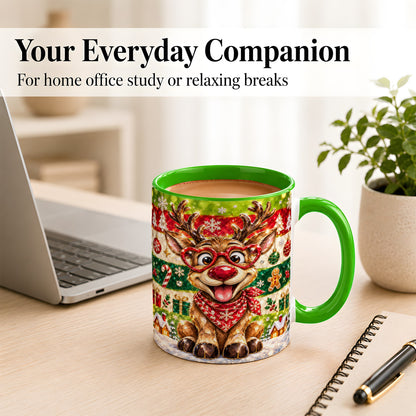 #pl[11oz|Green] Funny Christmas Reindeer Coffee Mug, Heart Glasses Mug, Ceramic Cup