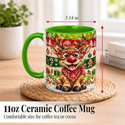 #pl[11oz|Green] Funny Christmas Reindeer Coffee Mug, Heart Glasses Mug, Ceramic Cup