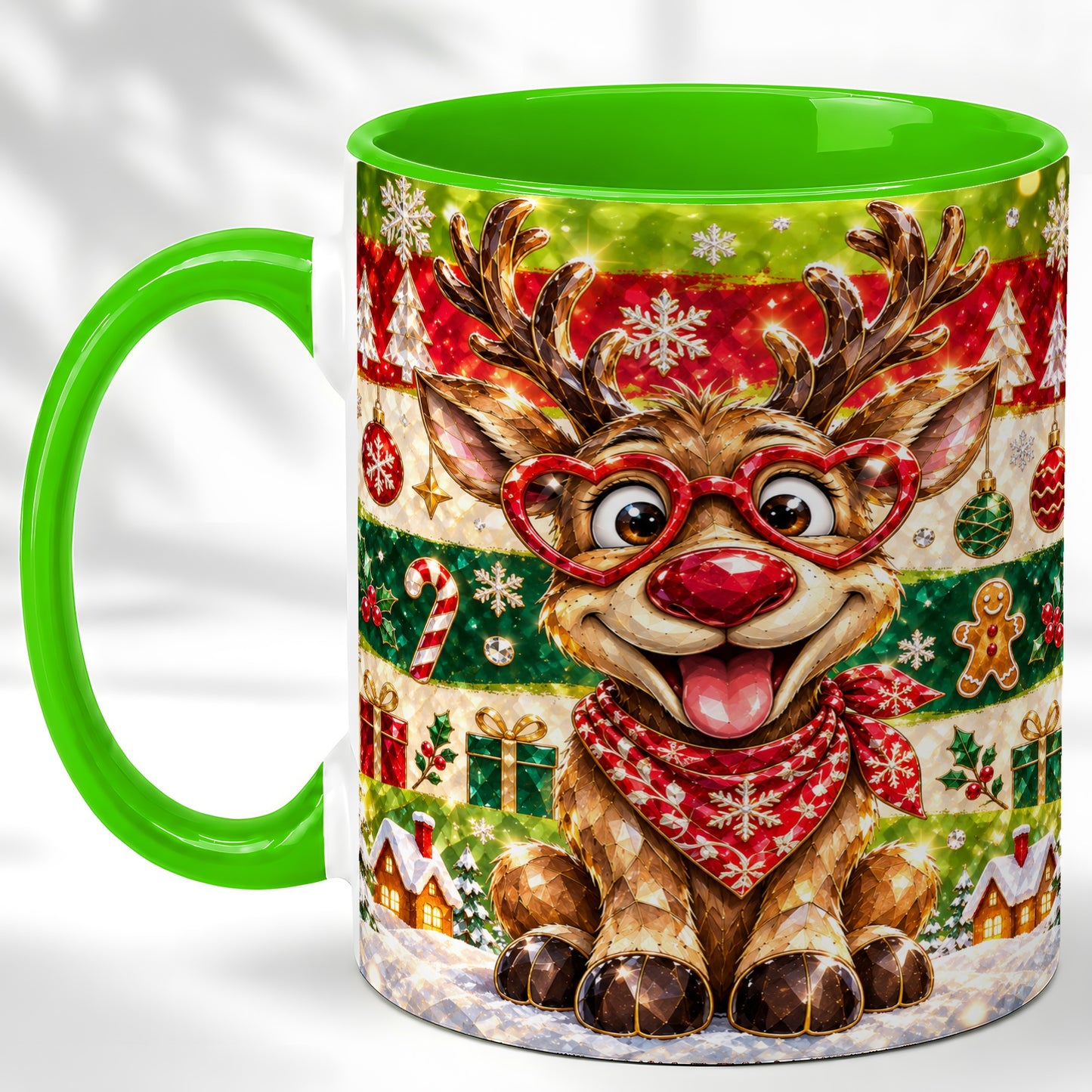 #pl[11oz|Green] Funny Christmas Reindeer Coffee Mug, Heart Glasses Mug, Ceramic Cup
