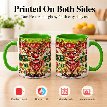 #pl[11oz|Green] Funny Christmas Reindeer Coffee Mug, Heart Glasses Mug, Ceramic Cup