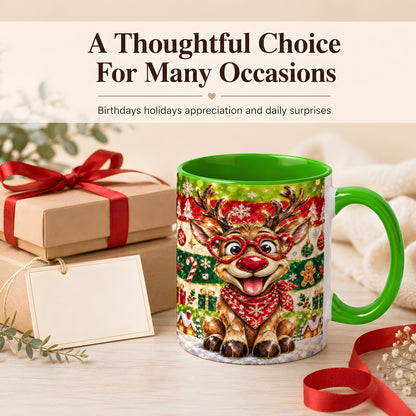#pl[11oz|Green] Funny Christmas Reindeer Coffee Mug, Heart Glasses Mug, Ceramic Cup