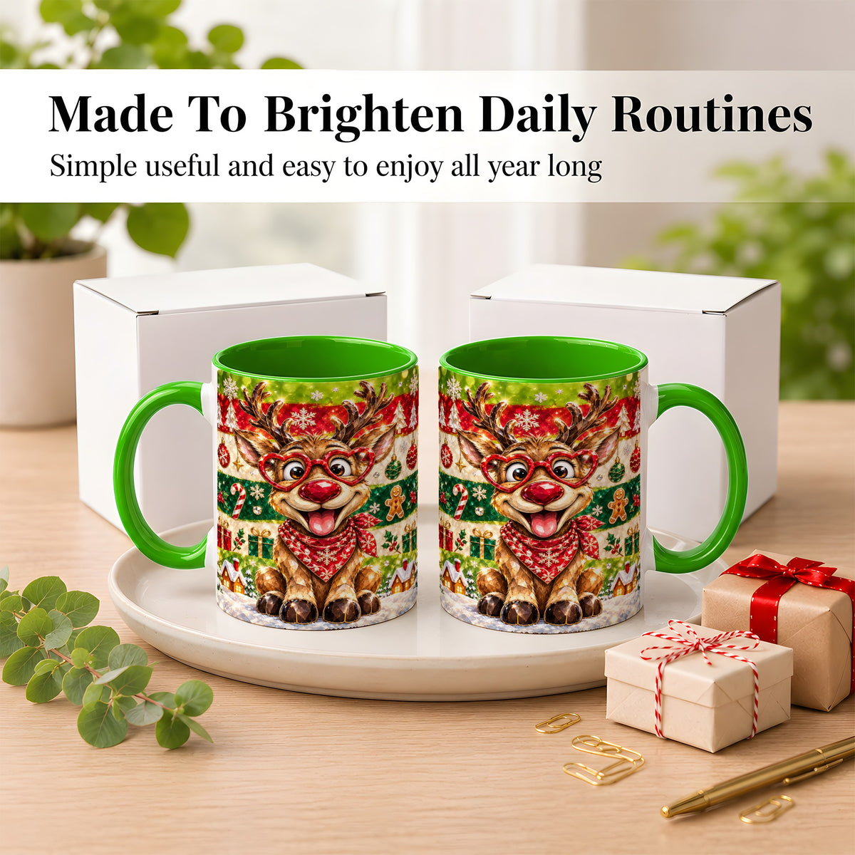 #pl[11oz|Green] Funny Christmas Reindeer Coffee Mug, Heart Glasses Mug, Ceramic Cup