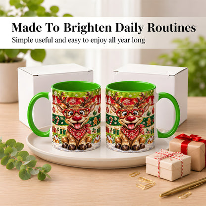 #pl[11oz|Green] Funny Christmas Reindeer Coffee Mug, Heart Glasses Mug, Ceramic Cup