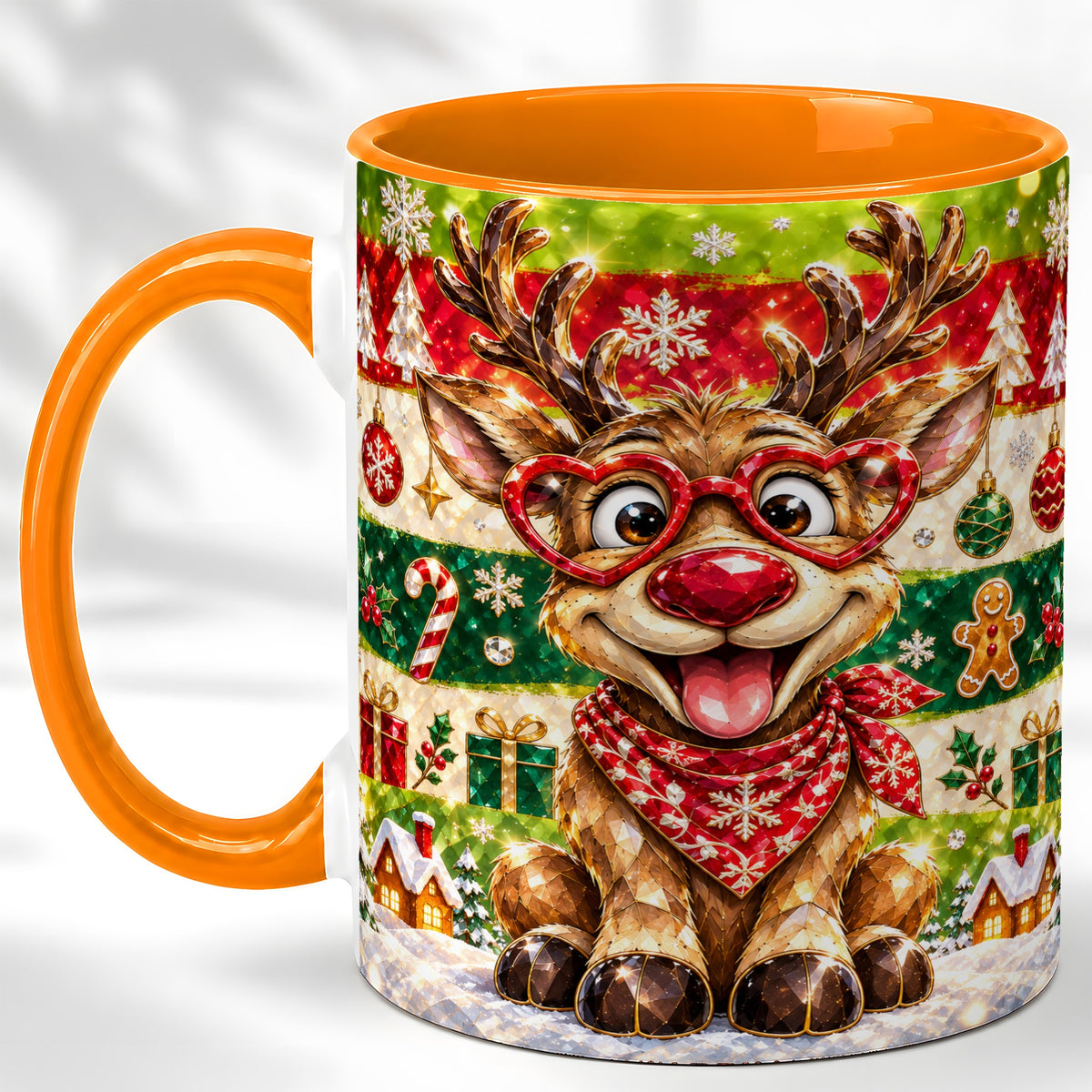 #pl[11oz|Orange] Funny Christmas Reindeer Coffee Mug, Heart Glasses Mug, Ceramic Cup