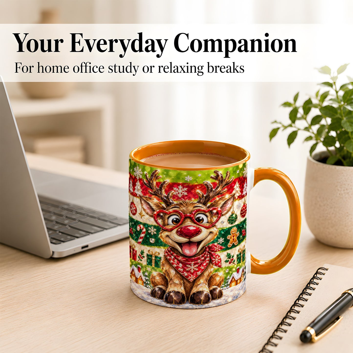 #pl[11oz|Orange] Funny Christmas Reindeer Coffee Mug, Heart Glasses Mug, Ceramic Cup