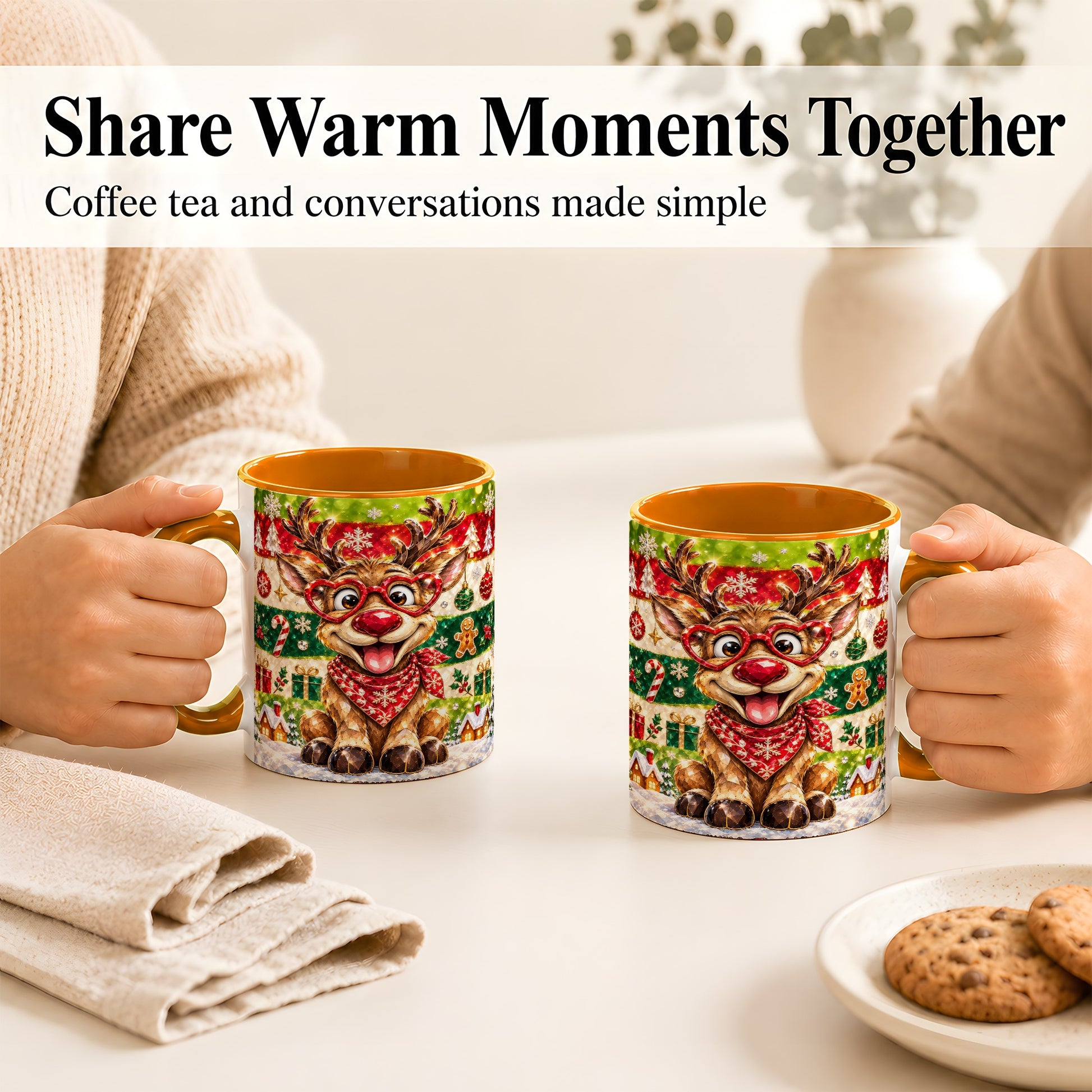 #pl[11oz|Orange] Funny Christmas Reindeer Coffee Mug, Heart Glasses Mug, Ceramic Cup