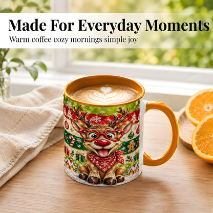 #pl[11oz|Orange] Funny Christmas Reindeer Coffee Mug, Heart Glasses Mug, Ceramic Cup