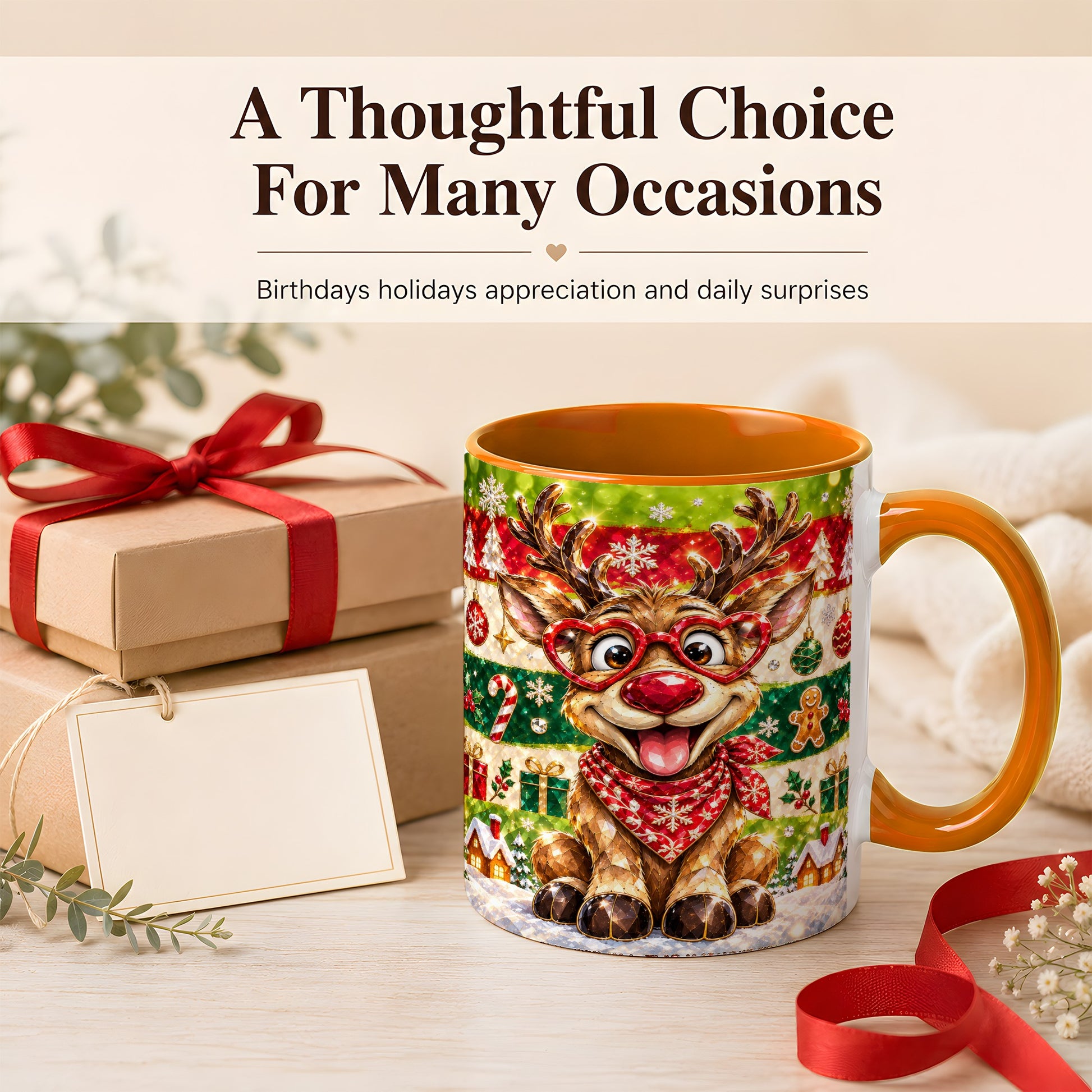 #pl[11oz|Orange] Funny Christmas Reindeer Coffee Mug, Heart Glasses Mug, Ceramic Cup