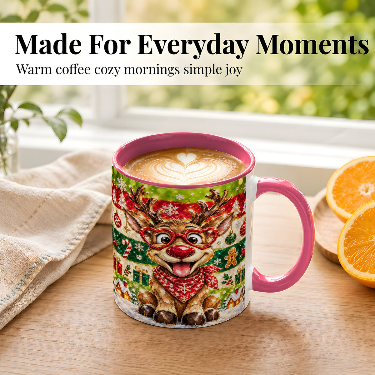 #pl[11oz|Pink] Funny Christmas Reindeer Coffee Mug, Heart Glasses Mug, Ceramic Cup