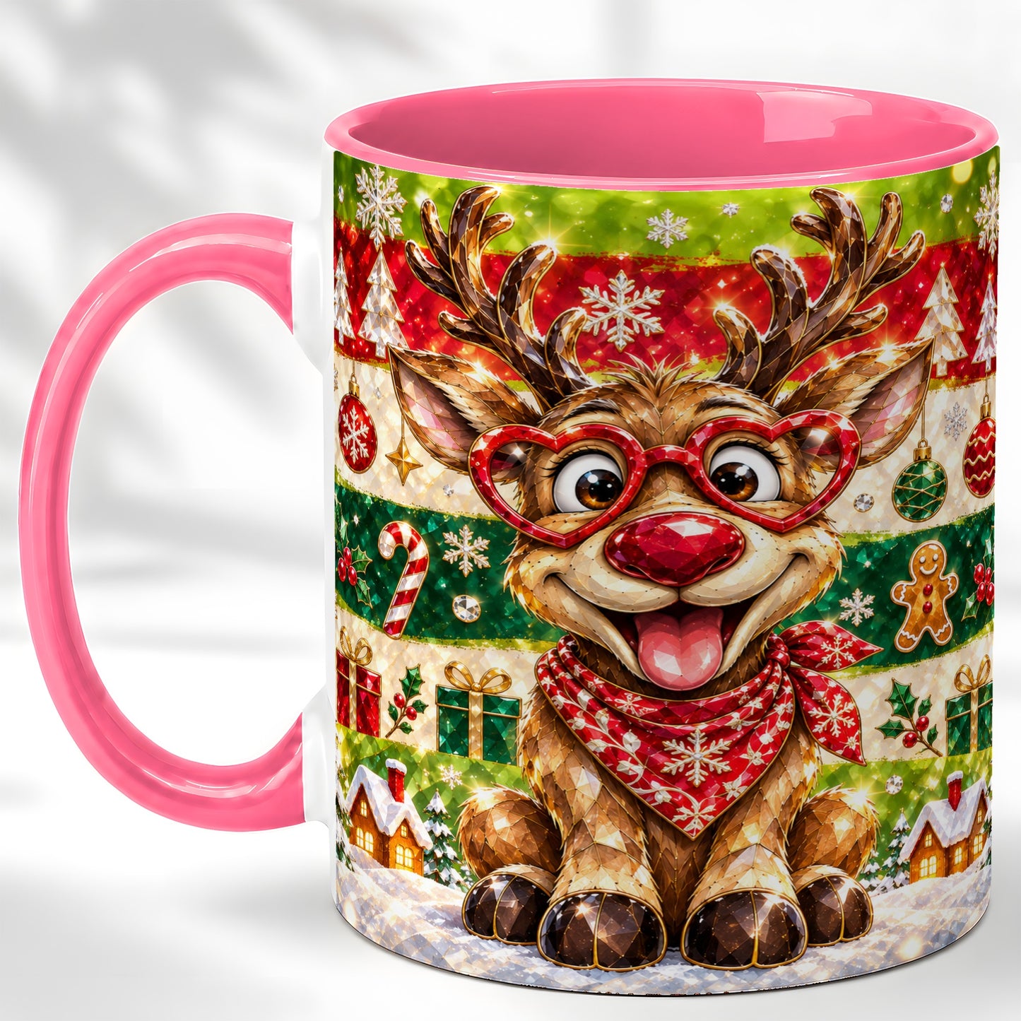 #pl[11oz|Pink] Funny Christmas Reindeer Coffee Mug, Heart Glasses Mug, Ceramic Cup