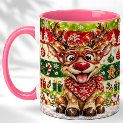 #pl[11oz|Pink] Funny Christmas Reindeer Coffee Mug, Heart Glasses Mug, Ceramic Cup