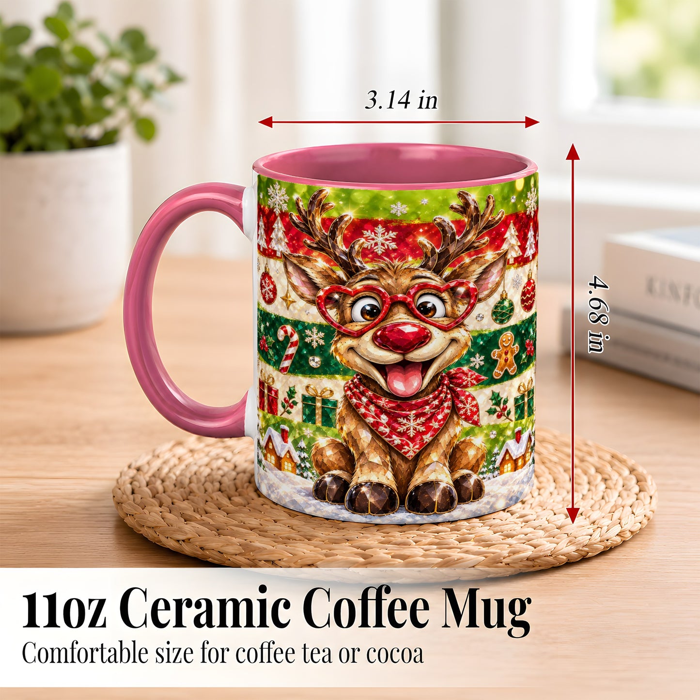 #pl[11oz|Pink] Funny Christmas Reindeer Coffee Mug, Heart Glasses Mug, Ceramic Cup