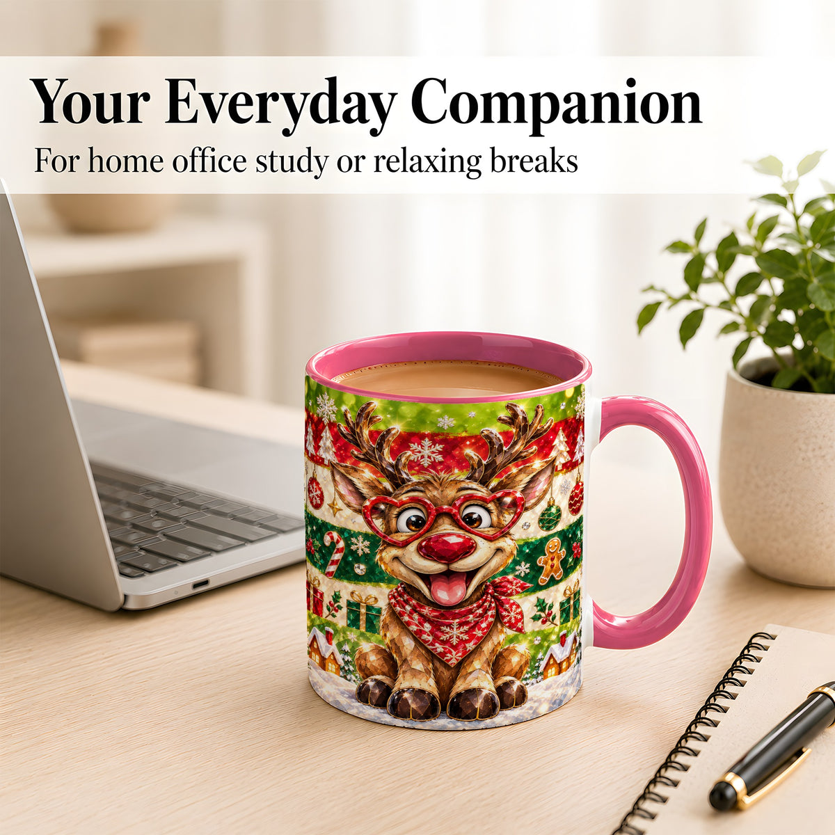 #pl[11oz|Pink] Funny Christmas Reindeer Coffee Mug, Heart Glasses Mug, Ceramic Cup