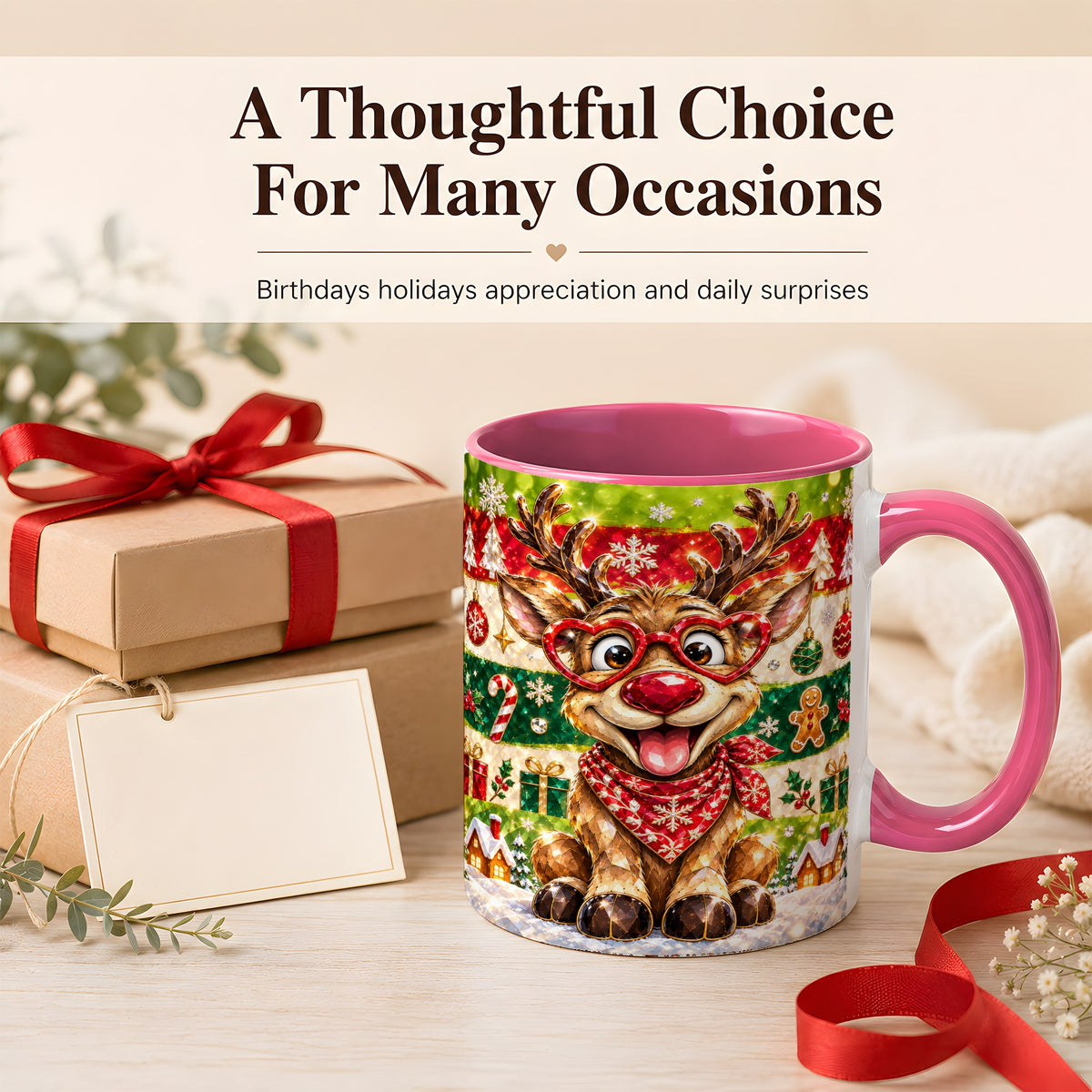 #pl[11oz|Pink] Funny Christmas Reindeer Coffee Mug, Heart Glasses Mug, Ceramic Cup