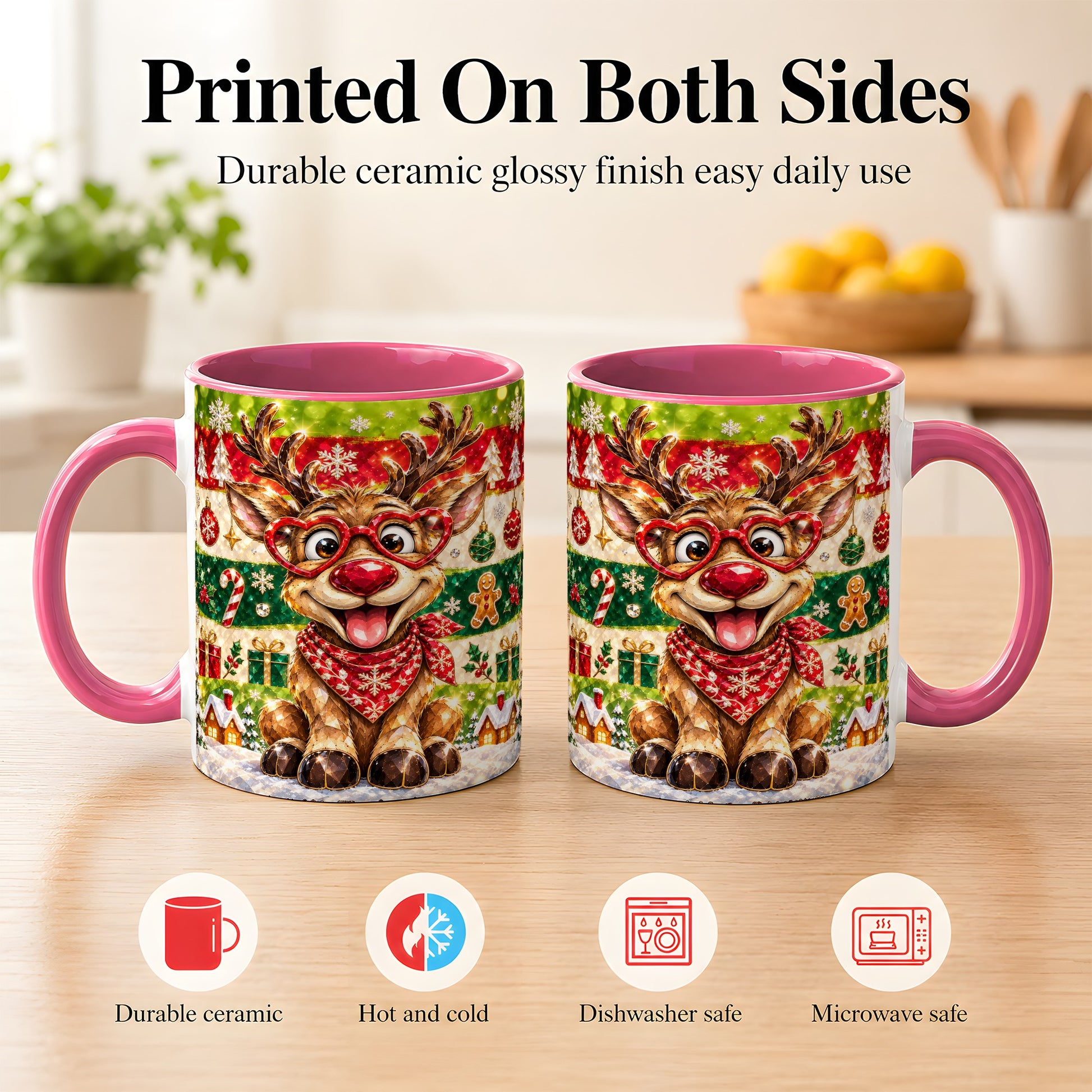 #pl[11oz|Pink] Funny Christmas Reindeer Coffee Mug, Heart Glasses Mug, Ceramic Cup