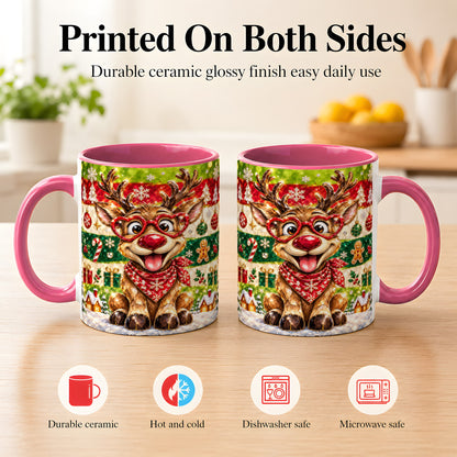 #pl[11oz|Pink] Funny Christmas Reindeer Coffee Mug, Heart Glasses Mug, Ceramic Cup
