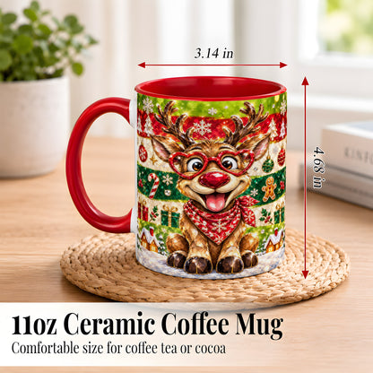 #pl[11oz|Red] Funny Christmas Reindeer Coffee Mug, Heart Glasses Mug, Ceramic Cup