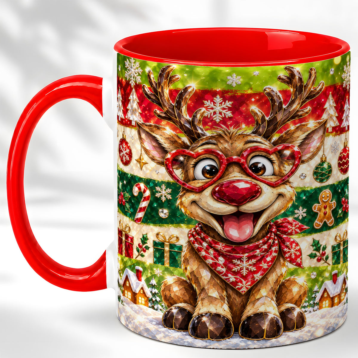 Funny Christmas Reindeer Coffee Mug, Heart Glasses Mug, Ceramic Cup
