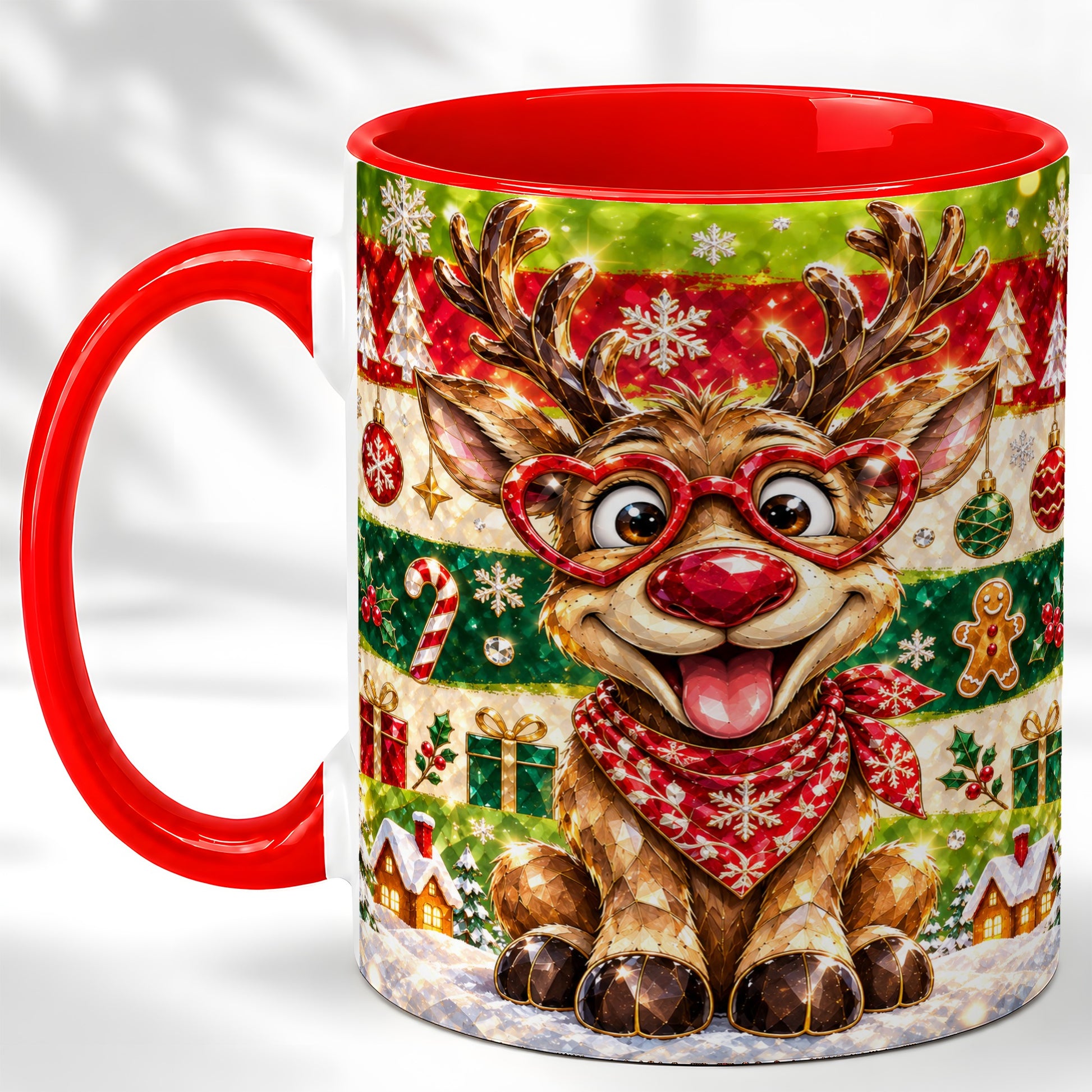 Funny Christmas Reindeer Coffee Mug, Heart Glasses Mug, Ceramic Cup