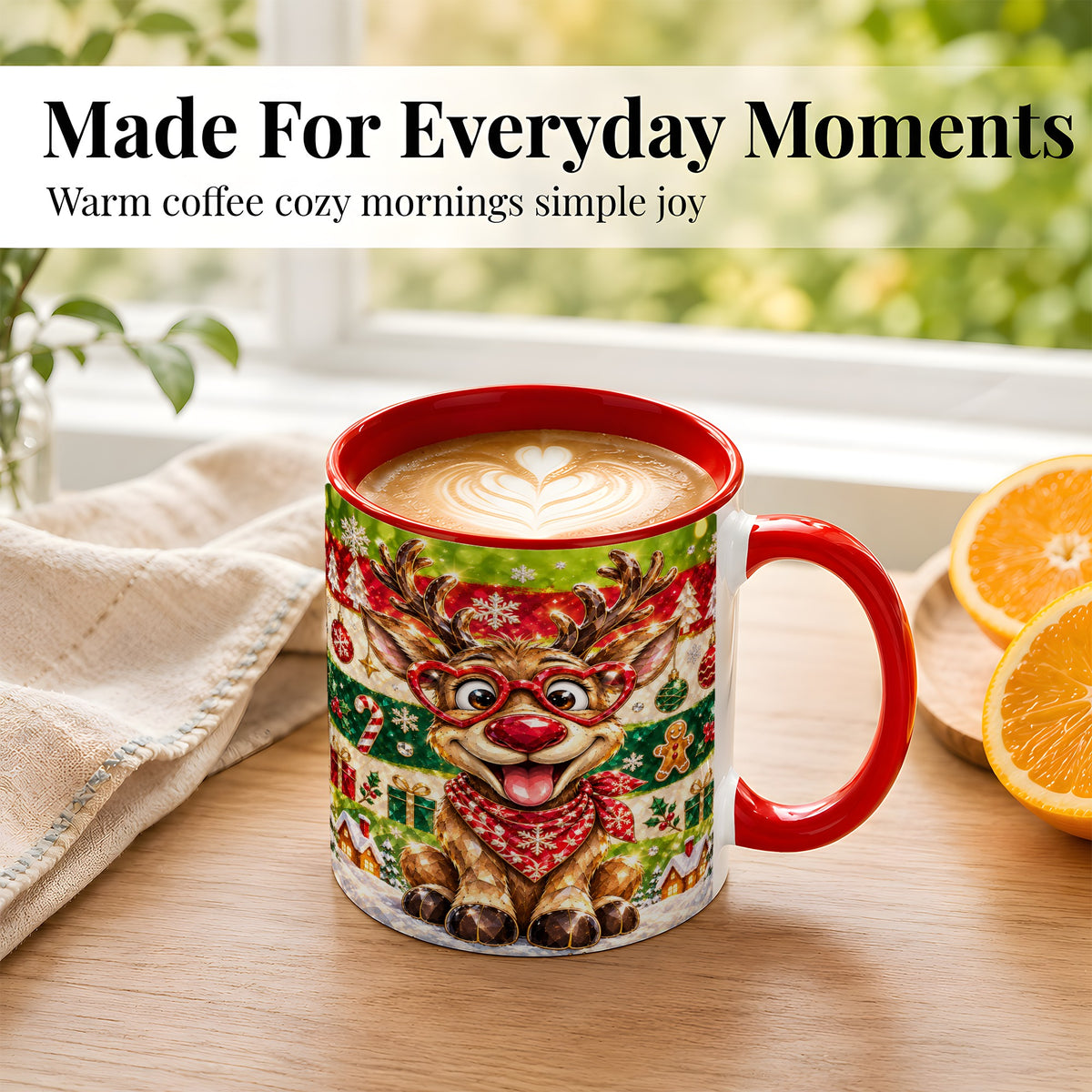 #pl[11oz|Red] Funny Christmas Reindeer Coffee Mug, Heart Glasses Mug, Ceramic Cup