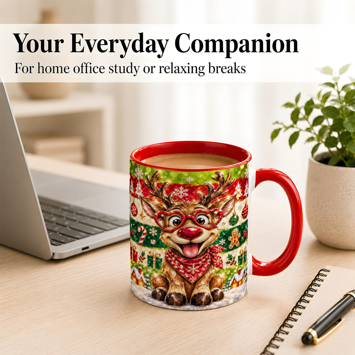 #pl[11oz|Red] Funny Christmas Reindeer Coffee Mug, Heart Glasses Mug, Ceramic Cup