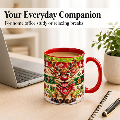 #pl[11oz|Red] Funny Christmas Reindeer Coffee Mug, Heart Glasses Mug, Ceramic Cup