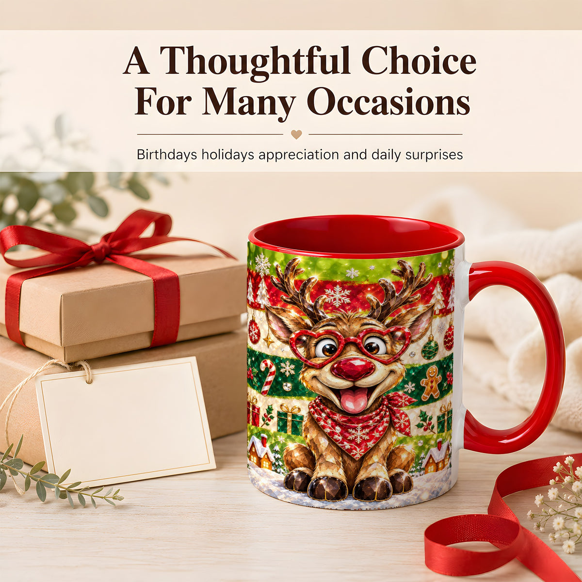 #pl[11oz|Red] Funny Christmas Reindeer Coffee Mug, Heart Glasses Mug, Ceramic Cup