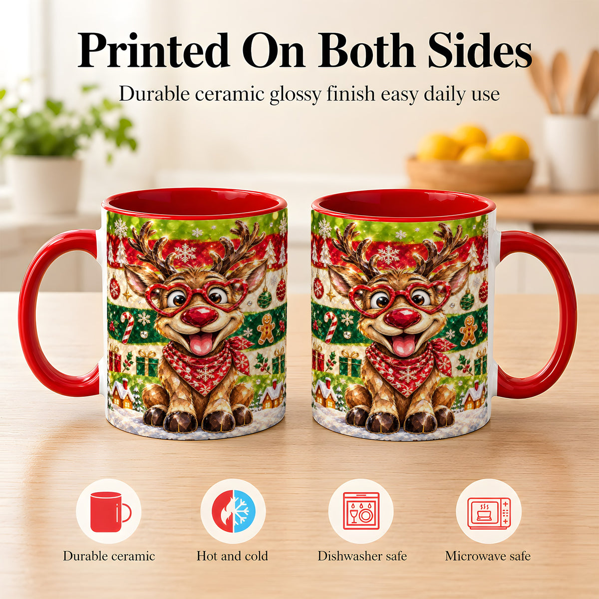 #pl[11oz|Red] Funny Christmas Reindeer Coffee Mug, Heart Glasses Mug, Ceramic Cup