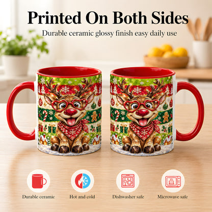 #pl[11oz|Red] Funny Christmas Reindeer Coffee Mug, Heart Glasses Mug, Ceramic Cup