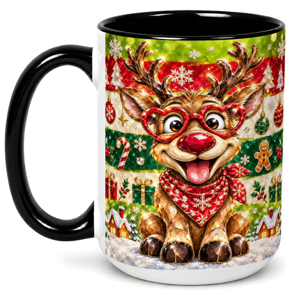 #pl[15oz|Black] Funny Christmas Reindeer Coffee Mug, Heart Glasses Mug, Ceramic Cup