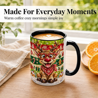 #pl[15oz|Black] Funny Christmas Reindeer Coffee Mug, Heart Glasses Mug, Ceramic Cup