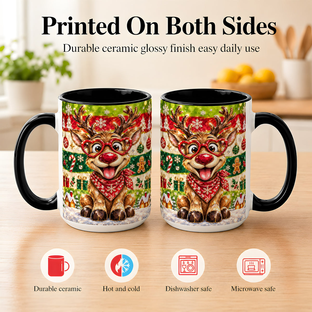 #pl[15oz|Black] Funny Christmas Reindeer Coffee Mug, Heart Glasses Mug, Ceramic Cup