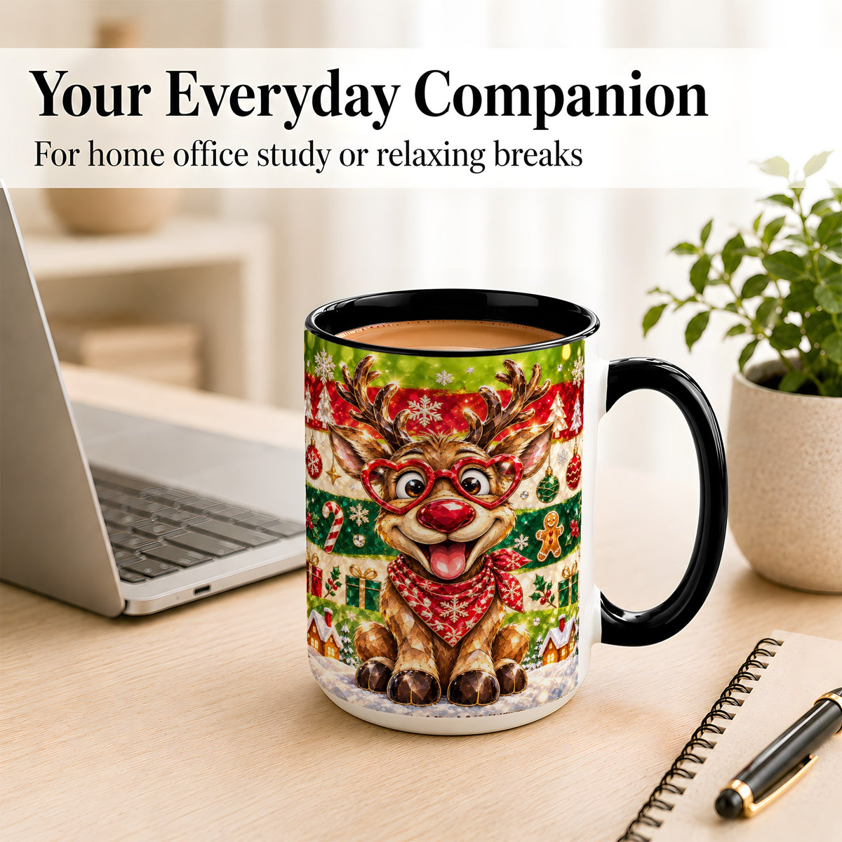 #pl[15oz|Black] Funny Christmas Reindeer Coffee Mug, Heart Glasses Mug, Ceramic Cup