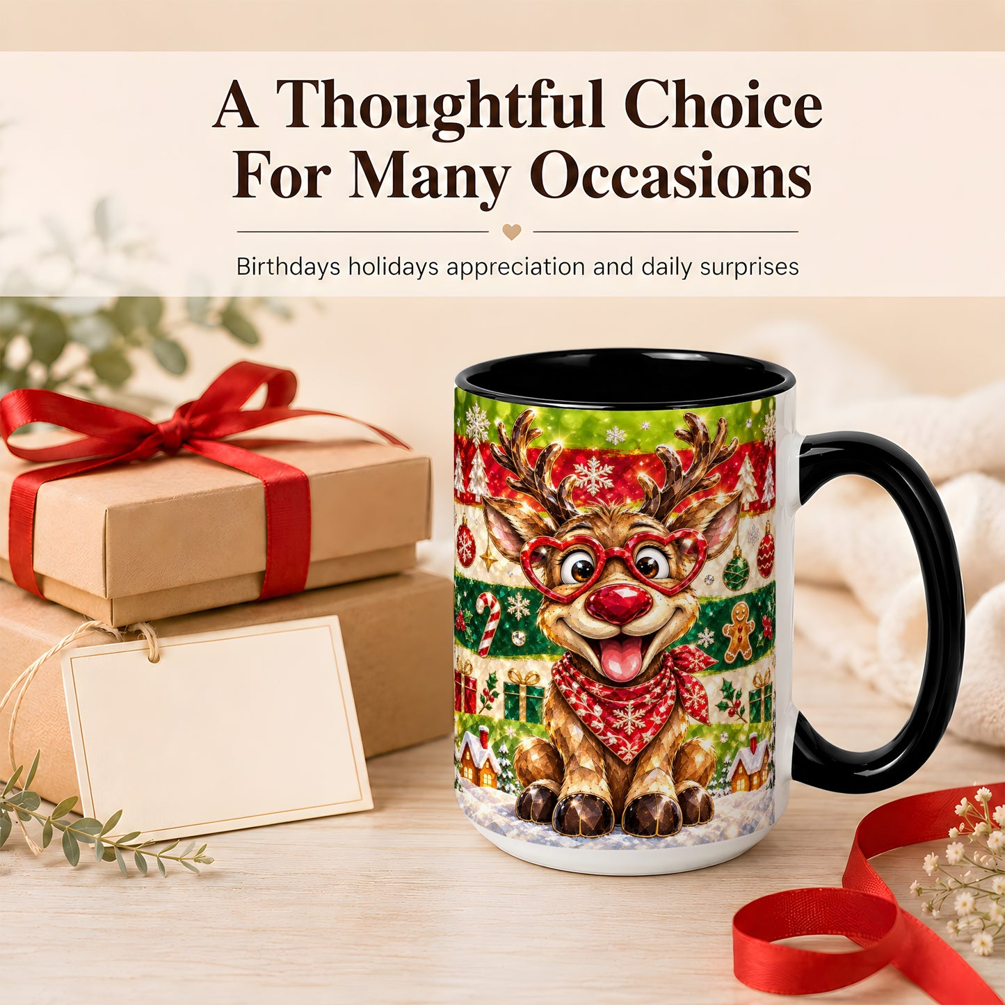 #pl[15oz|Black] Funny Christmas Reindeer Coffee Mug, Heart Glasses Mug, Ceramic Cup