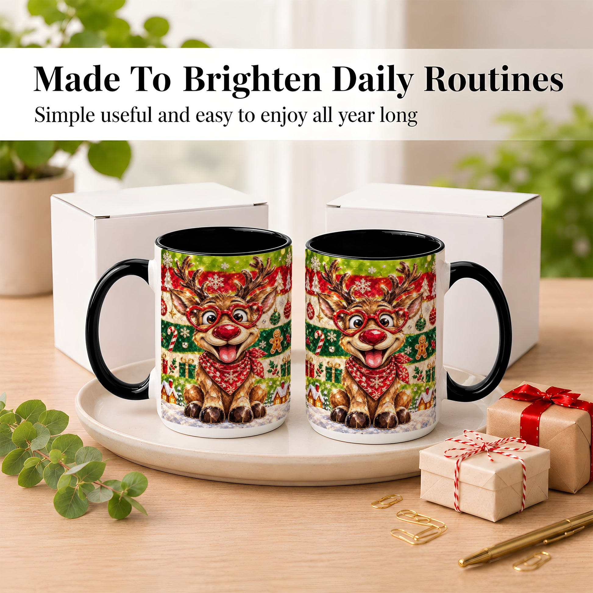 #pl[15oz|Black] Funny Christmas Reindeer Coffee Mug, Heart Glasses Mug, Ceramic Cup