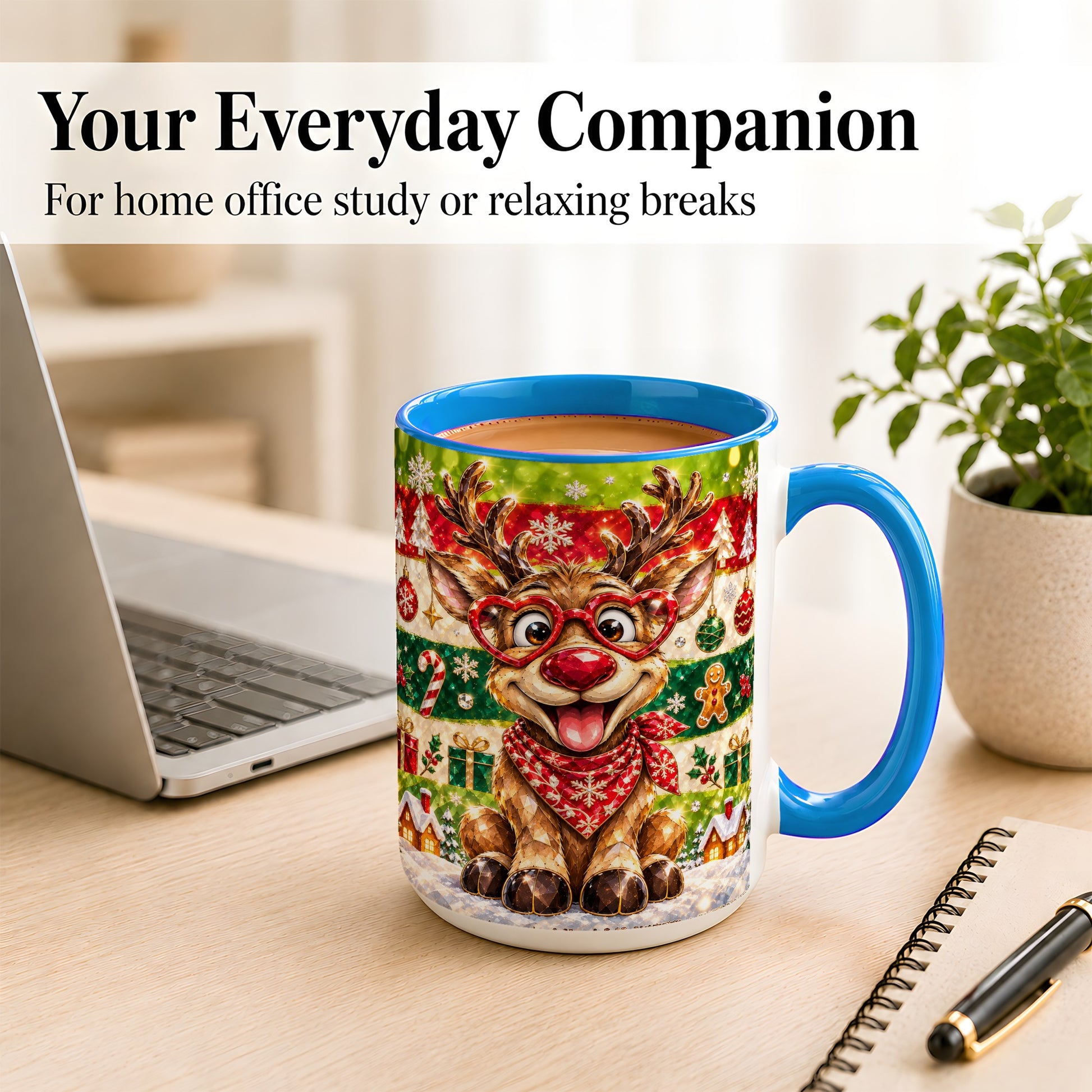 #pl[15oz|Blue] Funny Christmas Reindeer Coffee Mug, Heart Glasses Mug, Ceramic Cup