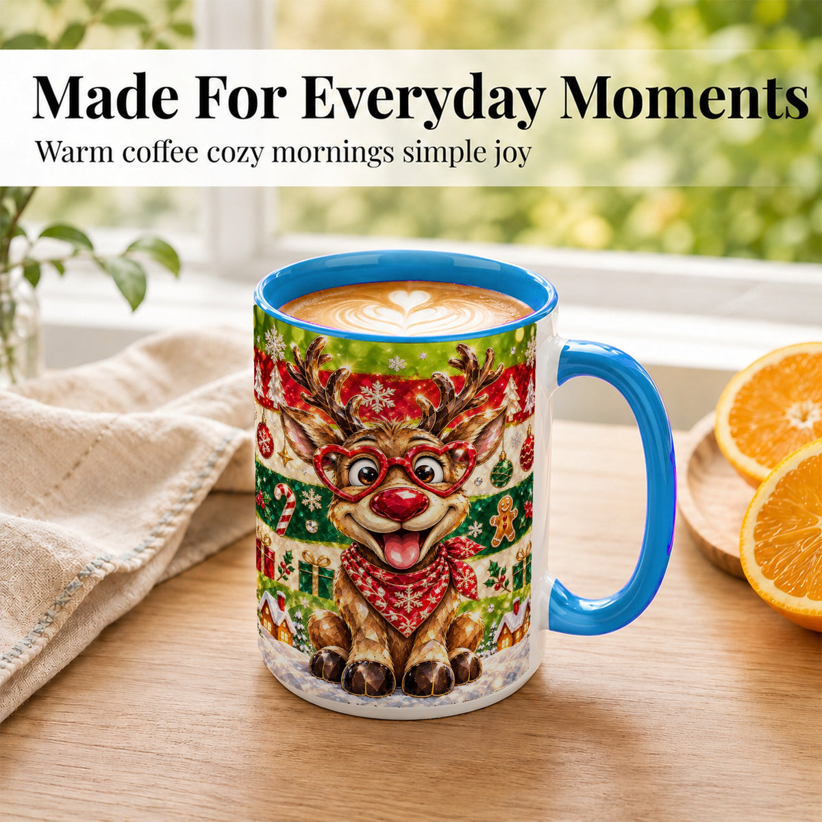 #pl[15oz|Blue] Funny Christmas Reindeer Coffee Mug, Heart Glasses Mug, Ceramic Cup
