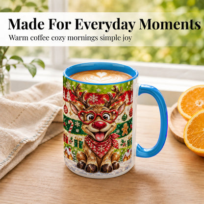 #pl[15oz|Blue] Funny Christmas Reindeer Coffee Mug, Heart Glasses Mug, Ceramic Cup