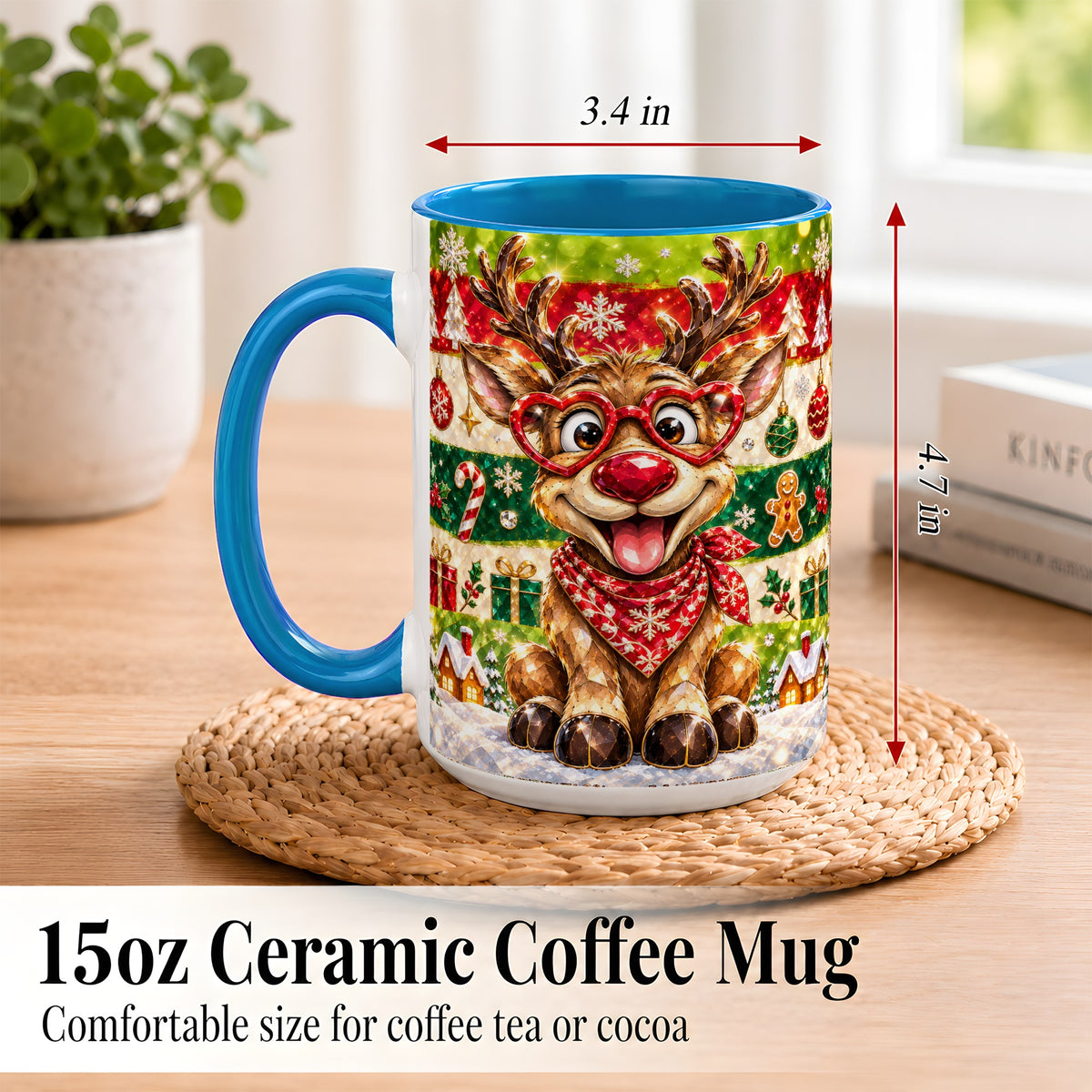 #pl[15oz|Blue] Funny Christmas Reindeer Coffee Mug, Heart Glasses Mug, Ceramic Cup