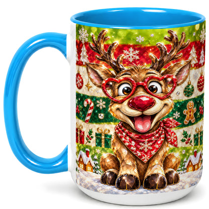 #pl[15oz|Blue] Funny Christmas Reindeer Coffee Mug, Heart Glasses Mug, Ceramic Cup