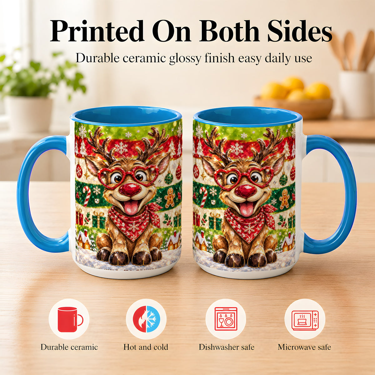 #pl[15oz|Blue] Funny Christmas Reindeer Coffee Mug, Heart Glasses Mug, Ceramic Cup