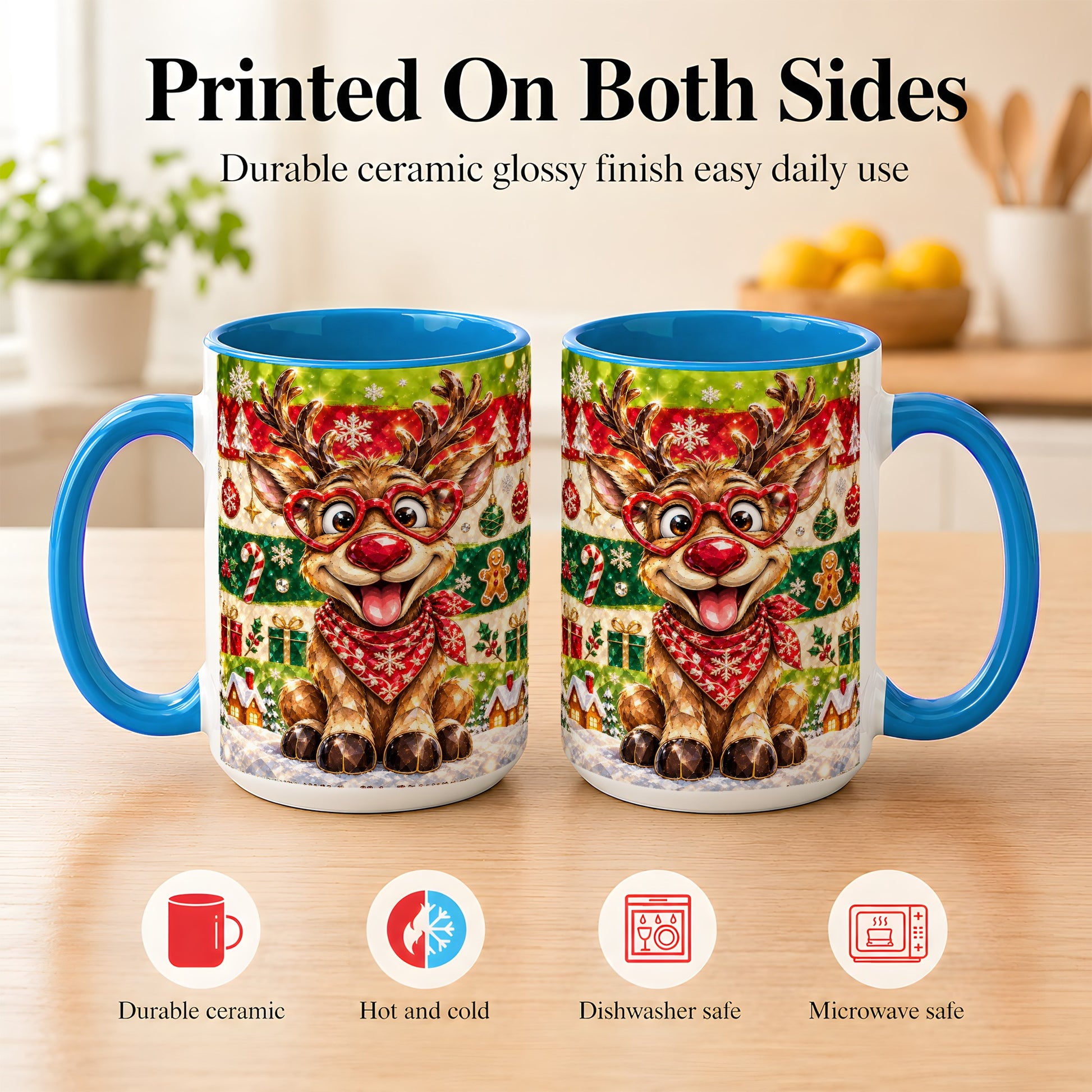 #pl[15oz|Blue] Funny Christmas Reindeer Coffee Mug, Heart Glasses Mug, Ceramic Cup