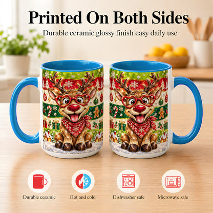#pl[15oz|Blue] Funny Christmas Reindeer Coffee Mug, Heart Glasses Mug, Ceramic Cup