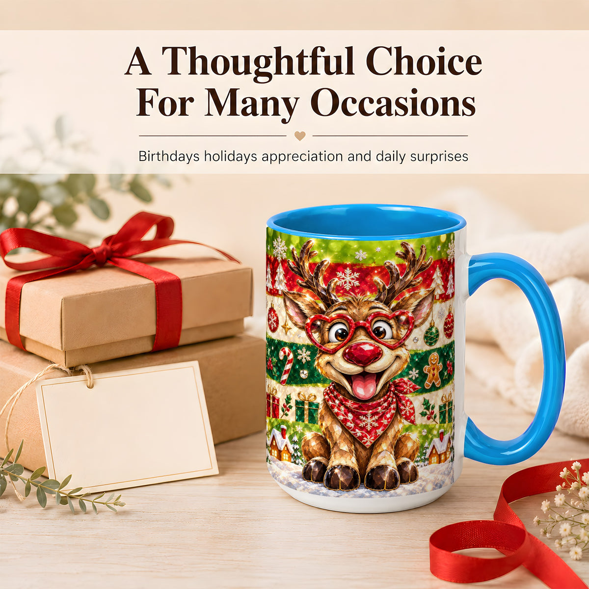 #pl[15oz|Blue] Funny Christmas Reindeer Coffee Mug, Heart Glasses Mug, Ceramic Cup
