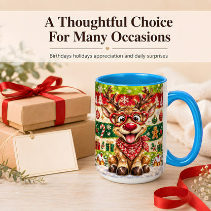 #pl[15oz|Blue] Funny Christmas Reindeer Coffee Mug, Heart Glasses Mug, Ceramic Cup