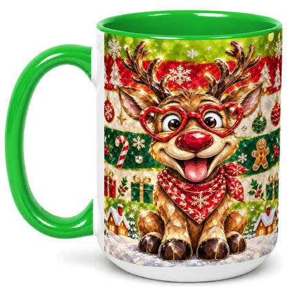 #pl[15oz|Green] Funny Christmas Reindeer Coffee Mug, Heart Glasses Mug, Ceramic Cup