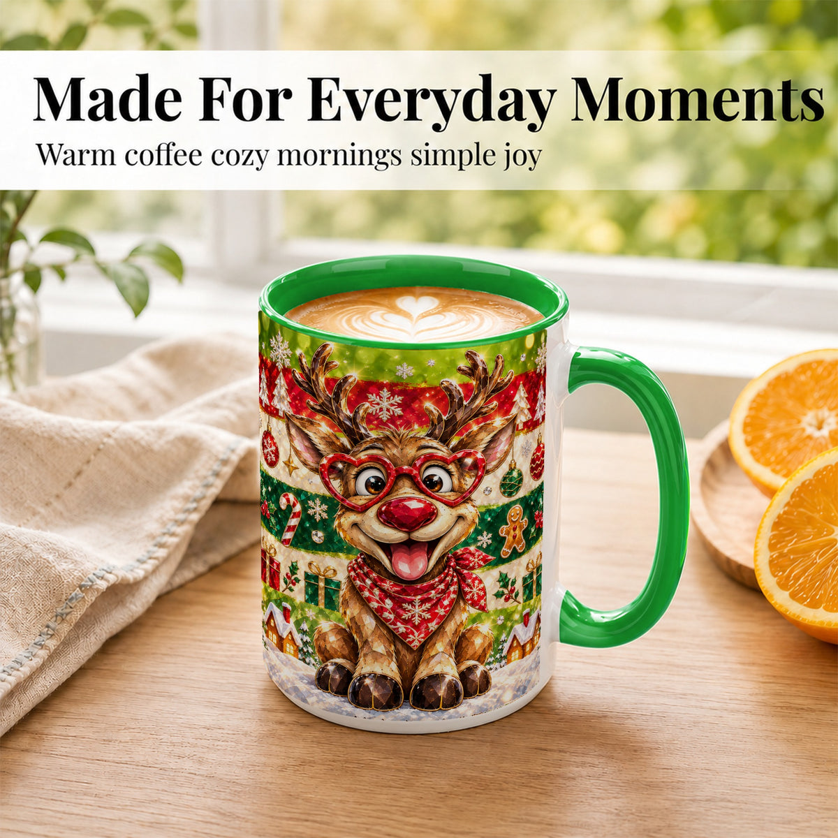#pl[15oz|Green] Funny Christmas Reindeer Coffee Mug, Heart Glasses Mug, Ceramic Cup