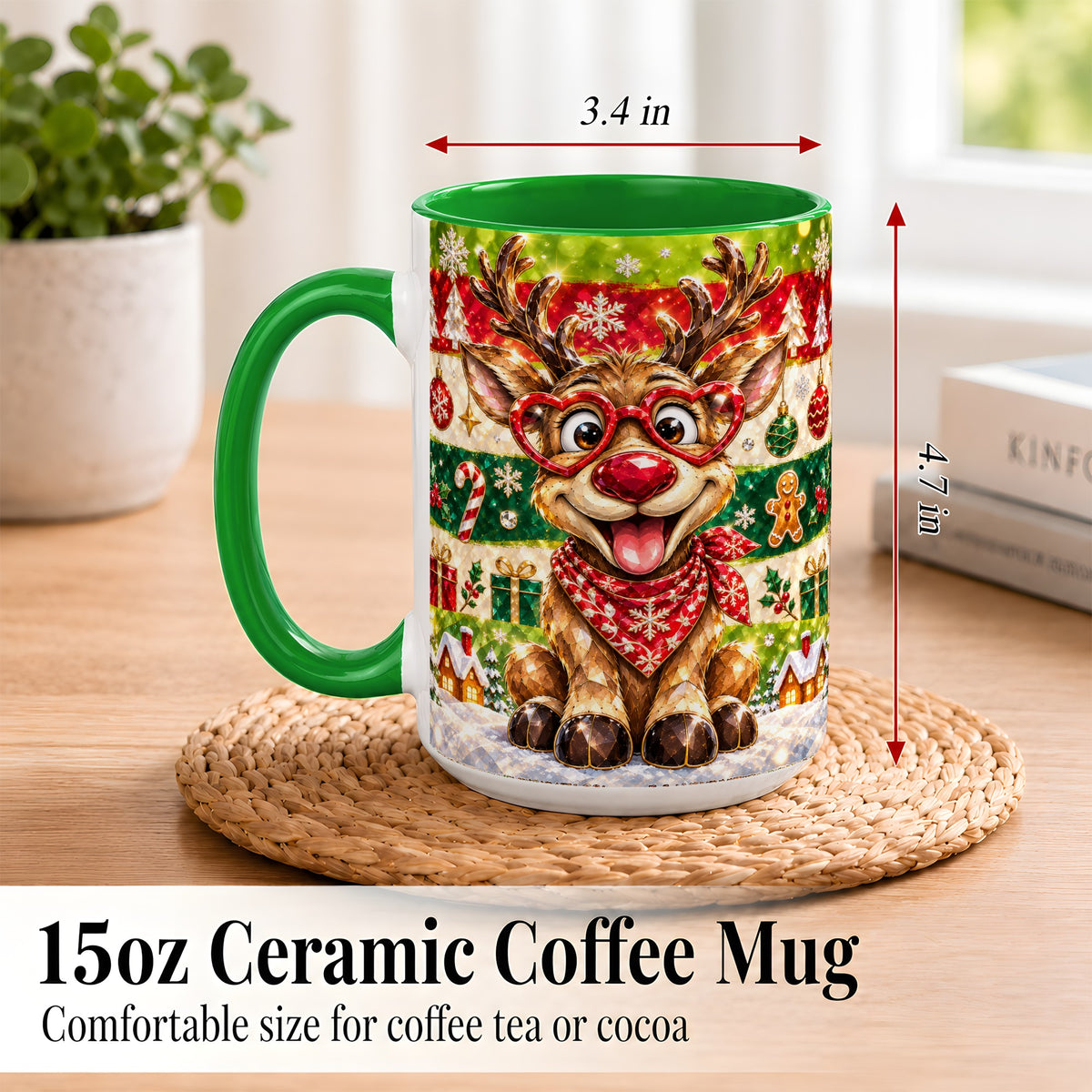 #pl[15oz|Green] Funny Christmas Reindeer Coffee Mug, Heart Glasses Mug, Ceramic Cup