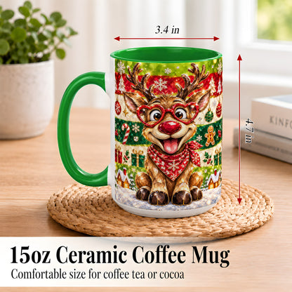#pl[15oz|Green] Funny Christmas Reindeer Coffee Mug, Heart Glasses Mug, Ceramic Cup