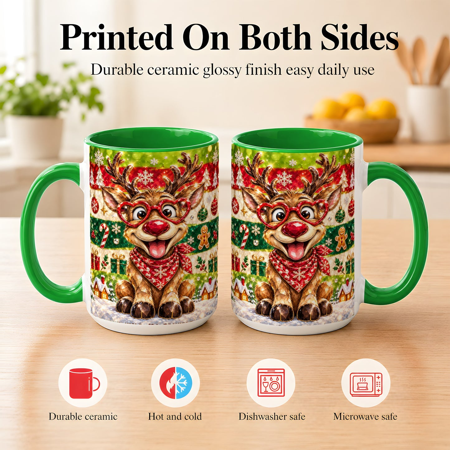 #pl[15oz|Green] Funny Christmas Reindeer Coffee Mug, Heart Glasses Mug, Ceramic Cup